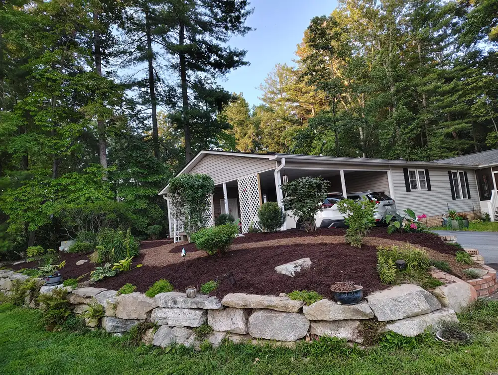 Landscaped hillside with stone wall and fresh mulch beds in Asheville, NC